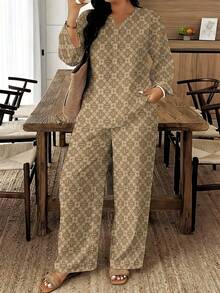 2026 New Style A Set Of Retro Light Brown-Based Geometric Pattern Woven Fabric Loose And Comfortable Women's Plus-Size Printed Two-Piece Set For Spring, Autumn And Summer, Suitable For Christmas, Daily Wear And Festival Gifting, Light Brown Geometric Retro Style Suit - Multicolor - View 1