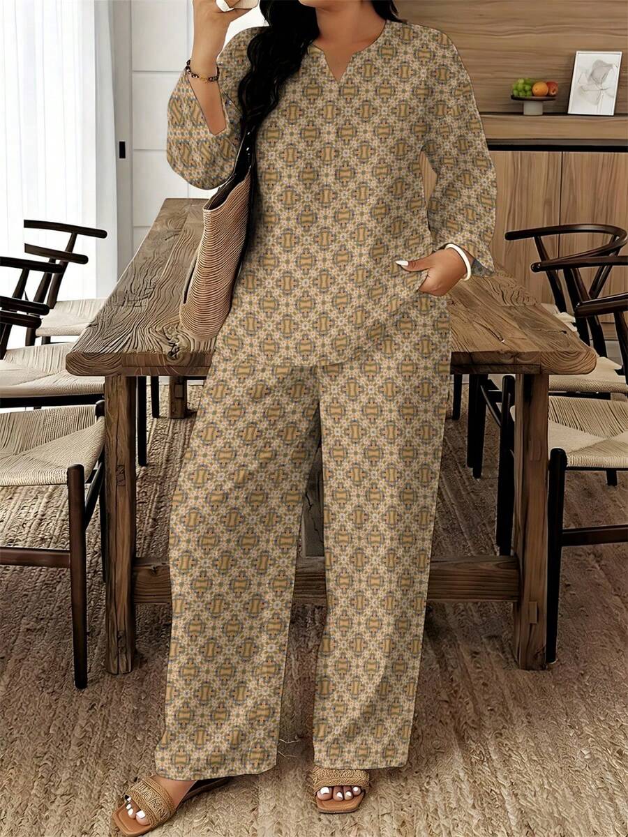 2026 New Style A Set Of Retro Light Brown-Based Geometric Pattern Woven Fabric Loose And Comfortable Women's Plus-Size Printed Two-Piece Set For Spring, Autumn And Summer, Suitable For Christmas, Daily Wear And Festival Gifting, Light Brown Geometric Retro Style Suit - Multicolor - View 1