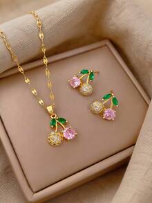 一套不锈钢粉色樱桃项链和耳环，全镶钻奢华微镶嵌个性化宴会珠宝礼品 - 彩色 - 查看 13