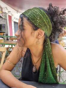 1pc New Headscarf Salon, European And American Style Sequin Cross Edge Headscarf, Autumn Silk Scarf Shawl, Suitable For Dress Matching - Dark Green - 查看 2