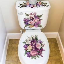 1 pièce Sticker de toilette avec bouquet floral violet et rose pour le printemps et l'été, autocollant de luxe avec orchidée et rose, décoratif et amovible pour le réservoir et le couvercle des toilettes, accessoire de salle de bain élégant - AD36215 - Voir 1