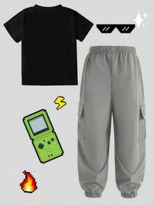 2pcs/Set Boys' Letter Print Short Sleeve T-Shirt And Cargo Pants Casual Outfit - Grey - View 3