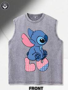 Disney Stitch & Angel LOVE Couple Set 230GSM Vintage Washed Streetwear Tank Top, Casual Couple Tank Top - 灰色 - 查看 2