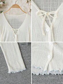 Women's Frill Trim Tie Front Lightweight Cover Up Sheer Cover Up Long Sleeve Top, Spring/Summer - White - View 11