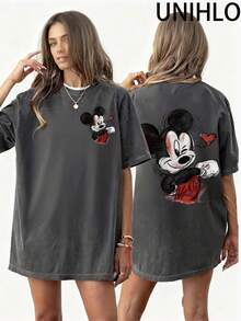 Disney UNIHLO  Mickey  Printed Summer Heavyweight Retro Washed Street Fashion Casual T-Shirt - Black - View 2