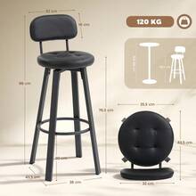 Set Of 2 Bar Stools, Faux Leather Upholstery, Padded Seat, Footrest, Backrest, Metal Frame, Black - Black - View 3