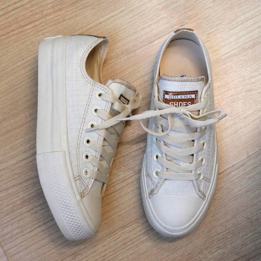 Star Shoes Beige Linen Platform Sneakers, Casual, All Original, Women's - 香檳色 - 查看 1