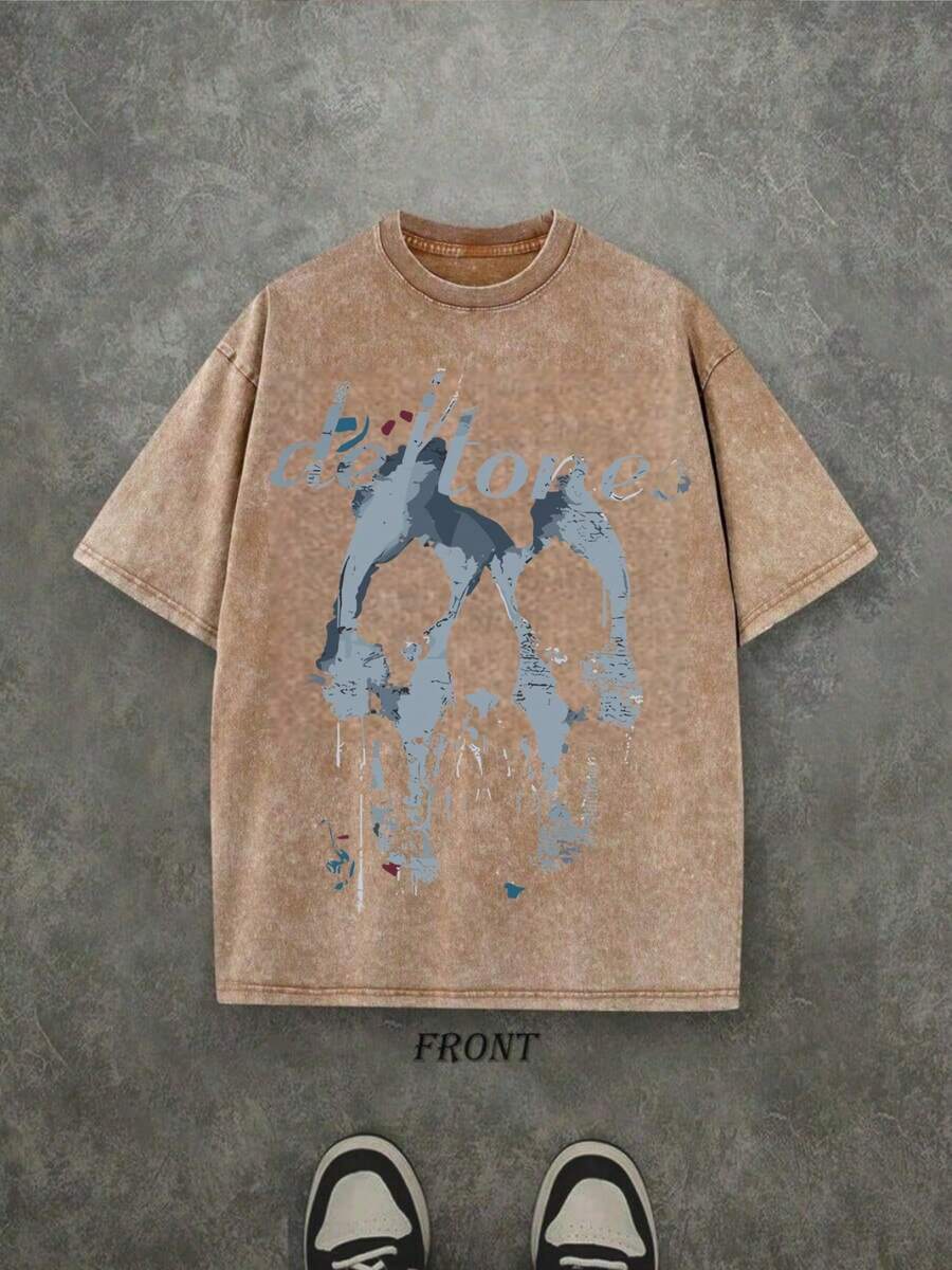 Vintage Washed Rock Tee Band Skull Print, Alternative Metal Fans Short - Sleeve,Cheap Clothes,Shirts Graphic,T Shirt .Jpg - Brown - View 1