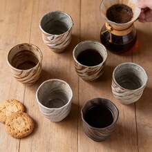 300ml 1個復古陶瓷咖啡杯，高品質不對稱造型便攜杯，日式粗陶個人杯，適用於飯店與居家使用 - 海浪杯-抹灰 - 查看 3