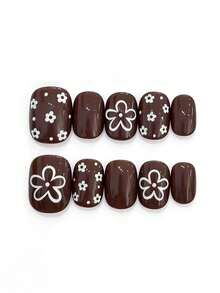 10片纯手工制作的短方形美甲贴片，棕色和白色花朵图案，可爱俏皮，Y2K风格，柔和闪光，适合女性和女孩，春夏秋冬皆宜，节日和日常生活均可使用。 - 棕色 - 查看 1
