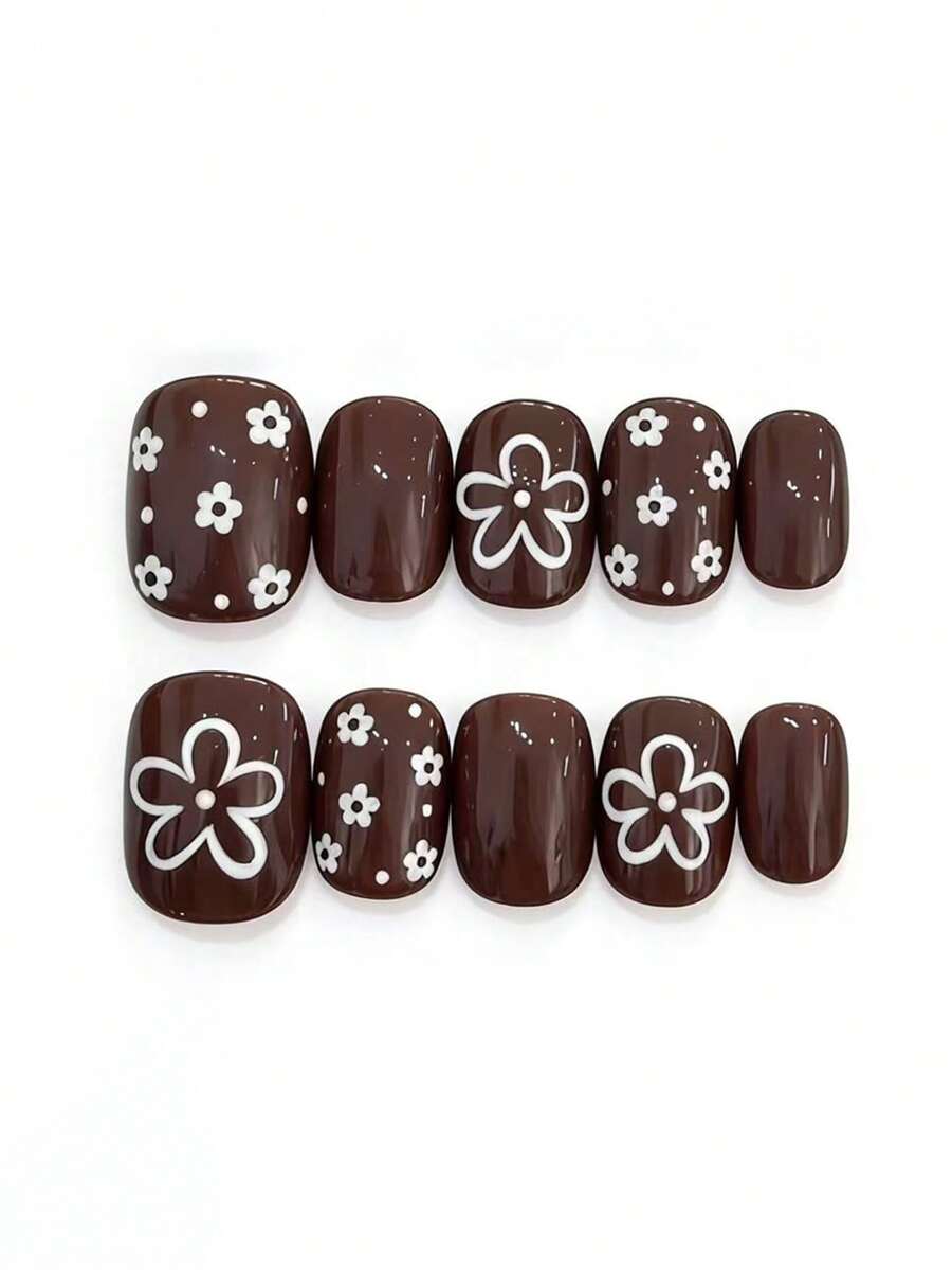 10片纯手工制作的短方形美甲贴片，棕色和白色花朵图案，可爱俏皮，Y2K风格，柔和闪光，适合女性和女孩，春夏秋冬皆宜，节日和日常生活均可使用。 - 棕色 - 查看 1