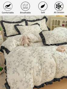 Juego de ropa de cama con volantes con estampado floral ditsy (1 funda nórdica + 2 fundas de almohada, sin relleno), suave y cómodo para dormitorio/habitación de invitados, lavable a máquina, para todas las estaciones - Blanco - Ver 9