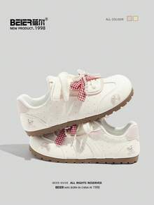 Giày thể thao nữ BEIER tối giản, phong cách mới, chất liệu da, đa năng, mũi tròn, đế bằng, buộc dây. - Hồng - Xem 2