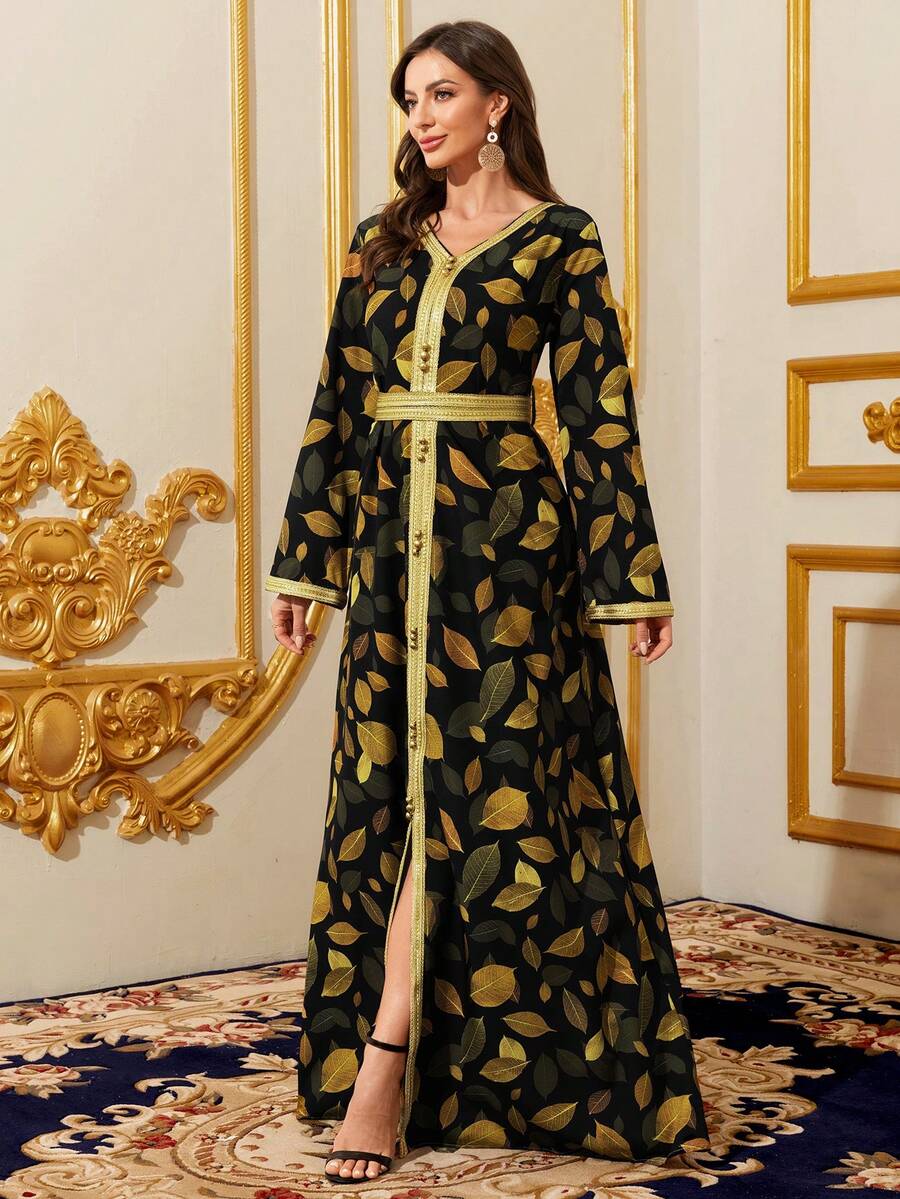 Ramadan Clothing, V-Neck Black & Gold Leaf Print Women's Robe, Gold Ribbon Trim Slit Hem Dress - Black - View 1