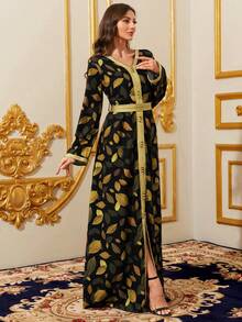 Ramadan Clothing, V-Neck Black & Gold Leaf Print Women's Robe, Gold Ribbon Trim Slit Hem Dress - Black - View 4