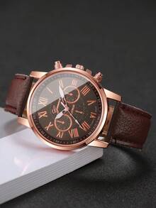 2pcs/Set Women's Gift Watch With Classic Three-Eye Roman Numeral Dial, Elegant Quartz Wristwatch + Heart-Shaped Bracelet (Watch Box Not Included) - Brown - View 6