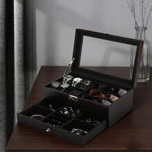 CASEGRACE 1pc Elegant Luxury Double Layer Watch & Jewelry Storage Box, With Glass Cover & Lock, 6 Watch Slots, 3 Eyewear Slots, Faux Leather Material - Ideal Gift For Men & Women, Perfect Home Decor, Jewelry Box - Black - View 11