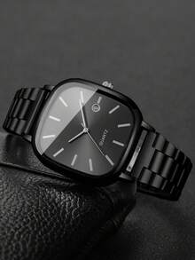 2pcs/Set Men's Gift Watch - Square Dial Fashion Engraved Calendar Dial Classic Stylish Quartz Wristwatch + Bracelet (Watch Box Not Included) - Black - View 7
