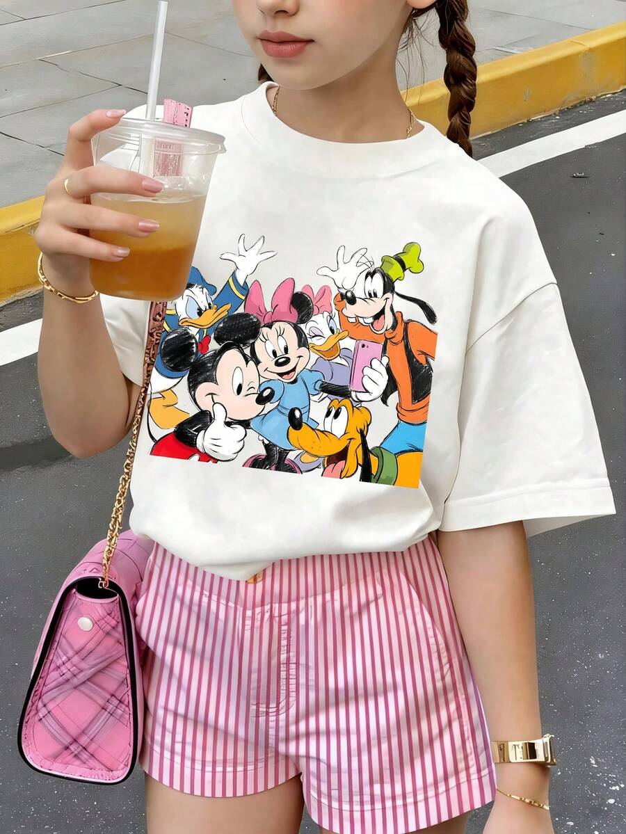 Disney Summer Tops,Disney Mickey Mouse Print Graphic Tee, Perfect For Cute Girls. Teen Girl Gift,Comfortable And Breathable Children's Short-Sleeved T-Shirt. 180g Pure Cotton Children's Clothes,Suitable For Both Boys And Girls.Suitable For Daily Wear, Vacations, Outdoor Activities, And As A Children's Gift. - Blanc - Voir 1