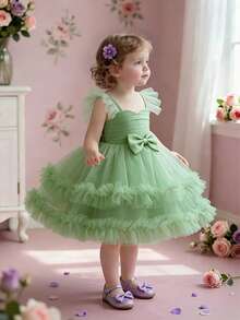 Baby Girls V-Neck Bow Ruffle Mesh Wedding Dress, Suitable For Birthday Party, Excluding Headband - Green - View 1