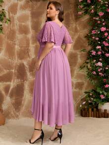 Plus Size Women's V-Neck Lace Chiffon High-Low Bridesmaid Dress, Elegant Wedding Guest Cocktail Party Dress With Shiny Ruffle Hem - Mauve Purple - View 9