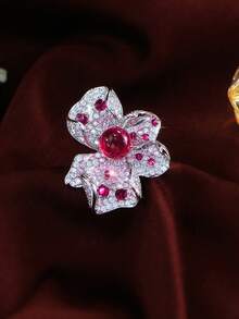 1pc Beautiful Rose Red Cubic Zirconia Big Flower Silver Plated Adjustable Open Ring For Women, Wedding, Engagement, Banquet, Cocktail Party, Brides, Bridesmaids, Girlfriends, Wife Gift - Rose Red - View 7