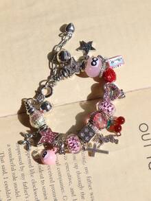 1pc Leopard Print Billiard Ball Charm Bracelet, 1pc Cherry Cross Music Festival Bracelet, 1pc Leopard Print Star Girl Bracelet - Silver - View 6