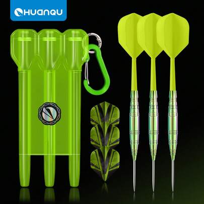 HUANQU Juego de 3 dardos profesionales | Dardos de 20g, cilindros de dardos de acero inoxidable de colores | Incluye 3 varillas de dardos degradado negro-verde y 3 plumas de dardos bicolor negro-verde de PET | Juego completo con estuche portátil - Ideal para entretenimiento familiar y práctica desde principiante hasta avanzado, regalo perfecto para el Día de San Valentín/Pascua/Cumpleaños
