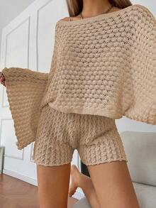 Sylvia Women's Summer Hollow-Out Semi-Sheer Flare Sleeve Boat Neck Loose Breathable Knit Fabric Knit Top And Shorts Two Pieces Set, Relaxed Sexy Vibe, Casual Commute, Minimalist Beach Holiday Outfit - Khaki - View 3