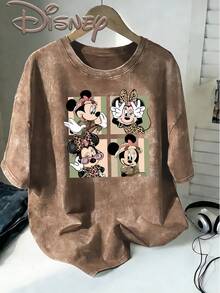 Disney Minnie Mouse Adventure Wind Leopard Print Wind Four Squares Cute Expression Creative Printing Design Sense  Oversized Fashion Old T-Shirt 2026 Spring And Summer Round Neck T-Shirt Style Retro Fashion Lovers Popular Style Old Round Neck T-Shirt. - 卡其色 - 查看 1