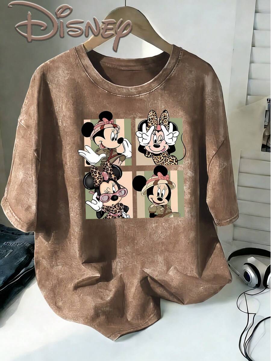 Disney Minnie Mouse Adventure Wind Leopard Print Wind Four Squares Cute Expression Creative Printing Design Sense  Oversized Fashion Old T-Shirt 2026 Spring And Summer Round Neck T-Shirt Style Retro Fashion Lovers Popular Style Old Round Neck T-Shirt. - 卡其色 - 查看 1