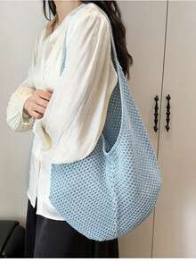 Túi tote đeo vai đan móc dung tích lớn - Túi xách tay bằng polyester đan nhẹ, đa chức năng, màu be, xanh nhạt, nâu, đen, thích hợp cho du lịch, đi biển, kỳ nghỉ và sử dụng hàng ngày, túi tote cỡ lớn, túi đi biển. - Màu xanh nhạt - Xem 4