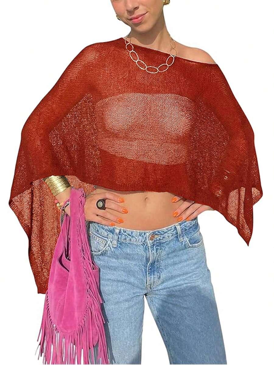 Women Sheer Mesh Poncho Top Crochet Knit Lightweight See Through Shawl Wrap Summer Oversized Loose Shrug Beachwear Swimsuit Bikini Cover Ups - 紅木色 - 查看 1