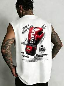 拳击爱好者必备！男士休闲宽松圆领拳击图案背心 - 白色 - 查看 2