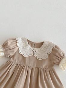 Toddler Girls' Loose Fit Hollow Out Peter Pan Collar Short Sleeve Dress, Spring/Autumn, Runs Slightly Large - Khaki - View 9