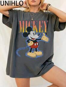Disney UNIHLO  Mickey  Printed Summer Heavyweight Retro Washed Street Fashion Casual T-Shirt - màu đen - Xem 1