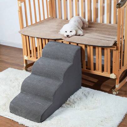 1pc Pet Cat Dog Stairs, Foam Bed Side Ramp, Removable & Washable Pet Stairs, Grey