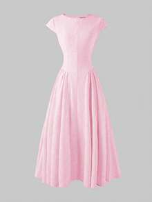 优雅简约时尚休闲复古喇叭短袖纯色褶皱拉链女式长连衣裙，适合晚宴、度假、上学、办公、海滩、夏季等场合，粉色 - 粉色 - 查看 8