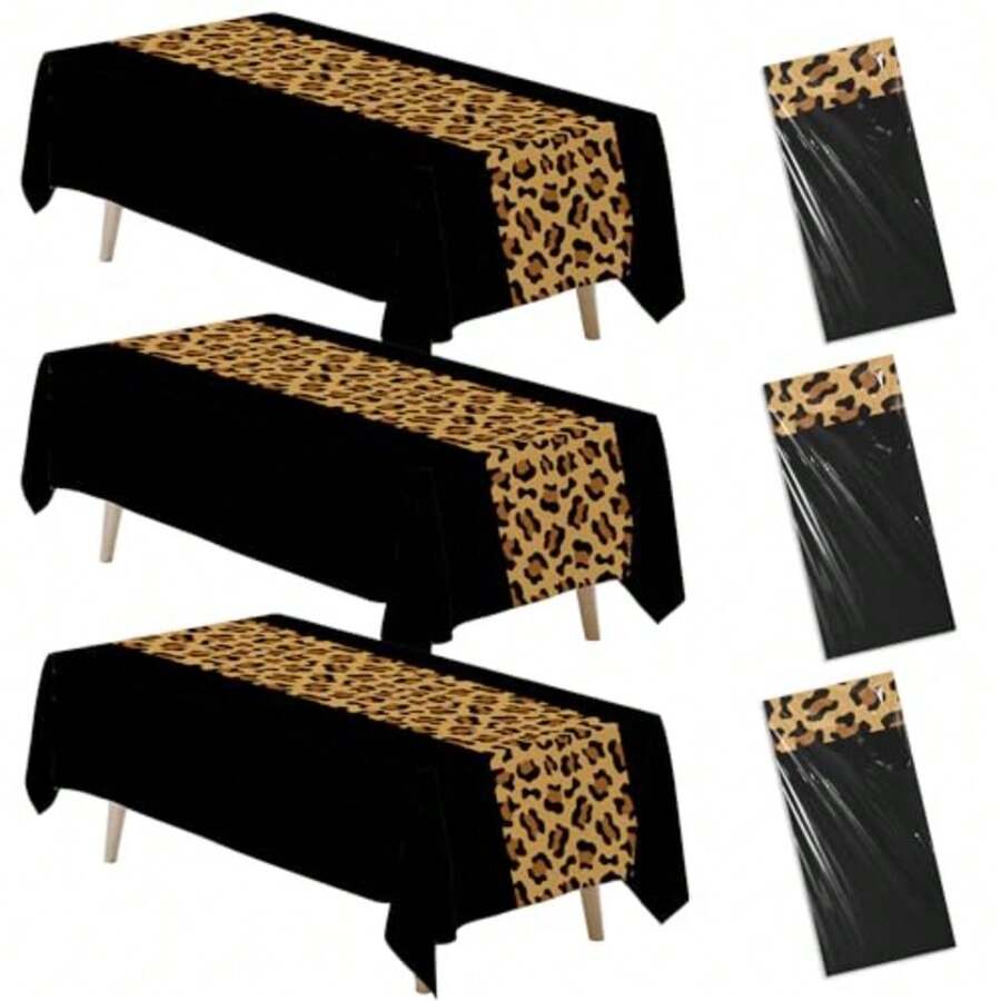 Cheetah Print Leopard Party Decorations Tablecloth 3Pcs Disposable Black And Leopard Birthday Party Supplies Table Cover Printed Table Runner For Birthday Bridal Shower Wedding 55in X 86in - Nhiều màu - Xem 1