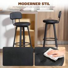 Set Of 2 Bar Stools, Faux Leather Upholstery, Padded Seat, Footrest, Backrest, Metal Frame, Black - Black - View 6