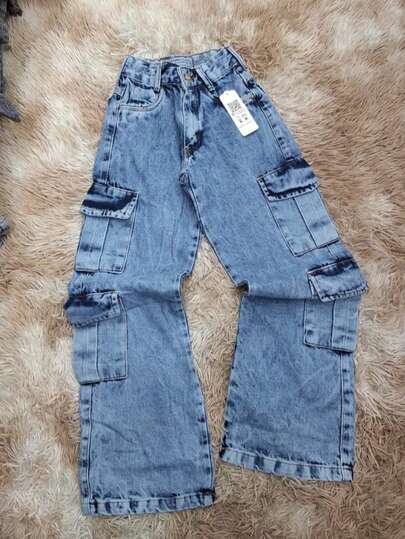 Calça Jeans Cargo Feminina 4 Bolsos Wide Leg Lavagem Clara Streetwear