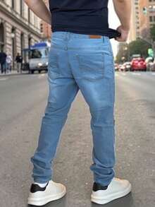Men's Slim Fit Denim Jeans With Elastane And Lycra - 天藍色 - 查看 3