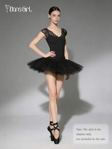 DonsGirl 1pc Women's V-Neck Lace Sleeve Dance Leotard, Sexy Lace Patchwork Slim Fit Unitard Black Spring - Black - View 6