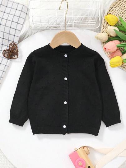 Áo khoác cardigan dệt kim cổ tròn, màu trơn cho bé gái