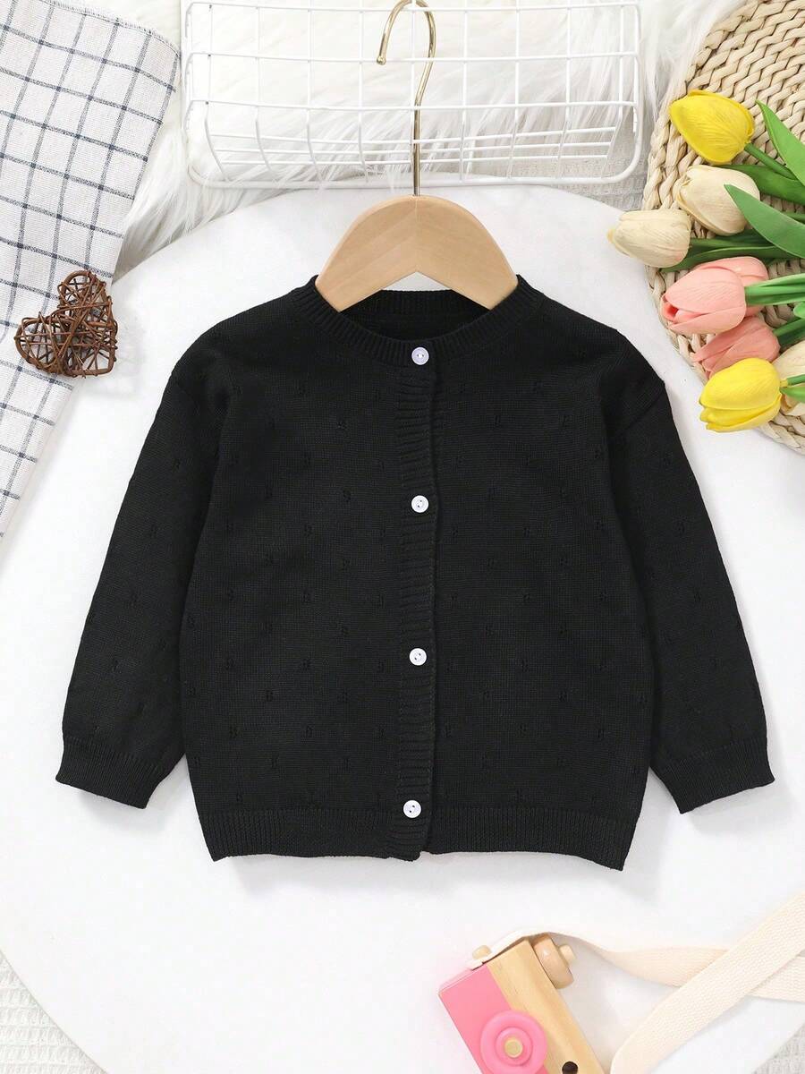 Baby Girl Knitted Round Neck Perforated Solid Color Cardigan - Black - View 1