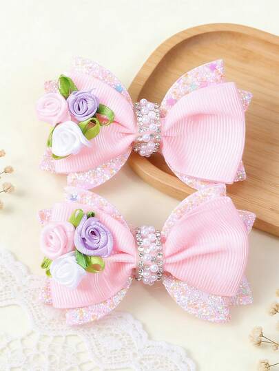 2pcs/Set Girls Pink Bow Hair Clips, Glitter Flower Hair Bows With Pearl, Cute Grosgrain Ribbon Hair Barrettes For Little Girls Daily Wear