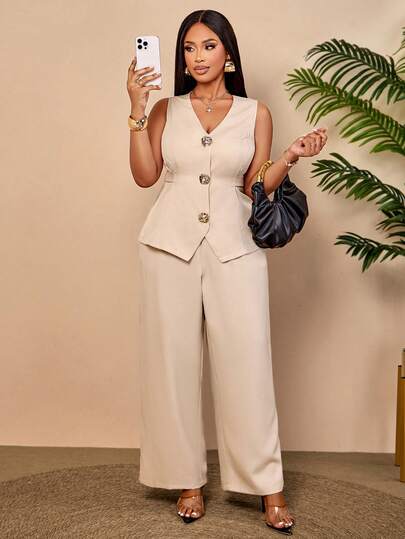 BIUBIU Elegant Beige Two Pieces Set - Plus Size Sleeveless Vest Top & High Waist Wide Leg Pants For Summer Party & Casual Outfits