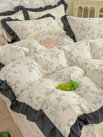 3pcs Ditsy Floral Ruffle Trim Bedding Set (1 Duvet Cover + 2 Pillow Shams, No Filler), Soft & Comfortable For Bedroom/Guest Room, Machine Washable, All Season