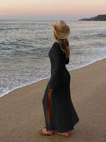 女士镂空V领搭扣高开衩优雅性感纯色长袖直筒针织长裙沙滩罩衫，宽松泳衣外套，钩针比基尼罩衫，春夏秋季 - 黑色 - 查看 4