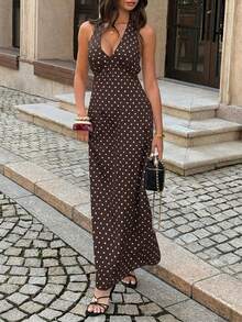 女士夏季低领系带露背拉链波点面料性感优雅连衣裙，适合约会、度假、派对、晚宴、情人节、生日等各种场合。 - 卡其色 - 查看 9